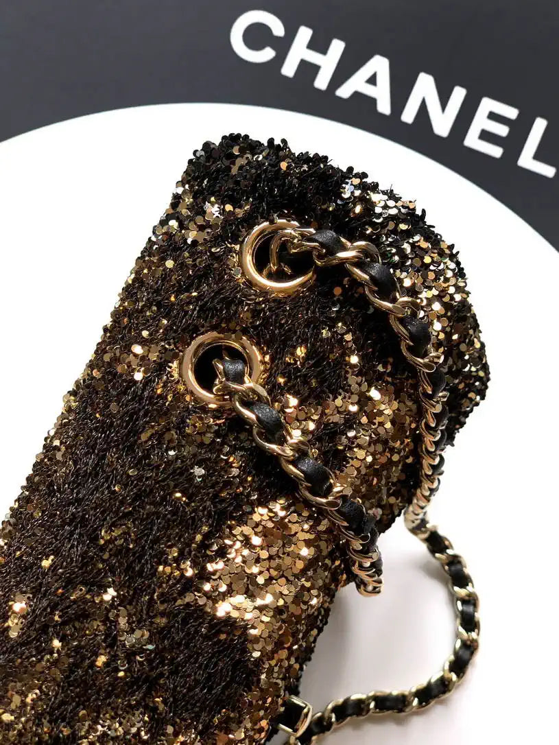 Chanel A69900 25B Mini Flap bag AS1116 Dense sequins golden betel