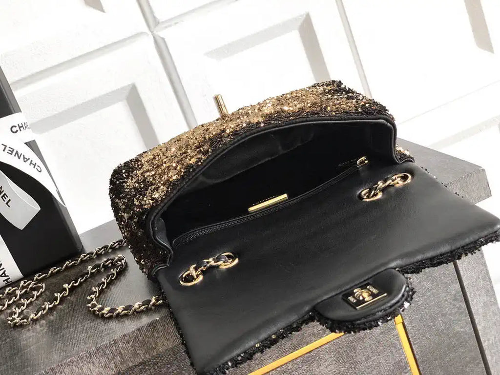 Chanel A69900 25B Mini Flap bag AS1116 Dense sequins golden betel