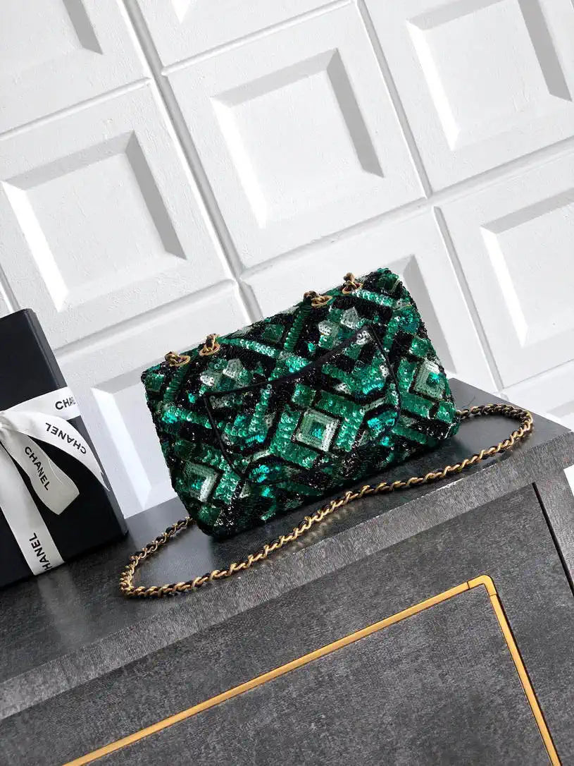 Chanel A69900 25B Mini Flap bag AS1116 Dense sequins Green