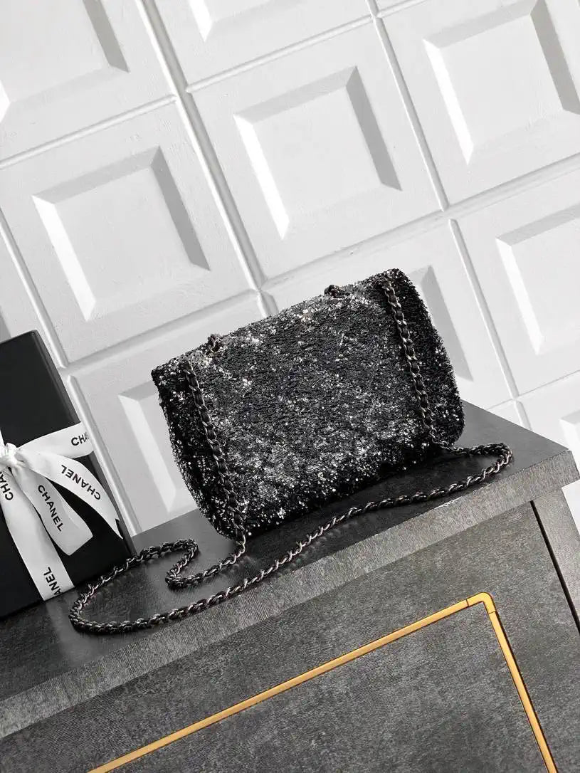Chanel A69900 25B Mini Flap bag AS1116 Dense sequins with silver luster