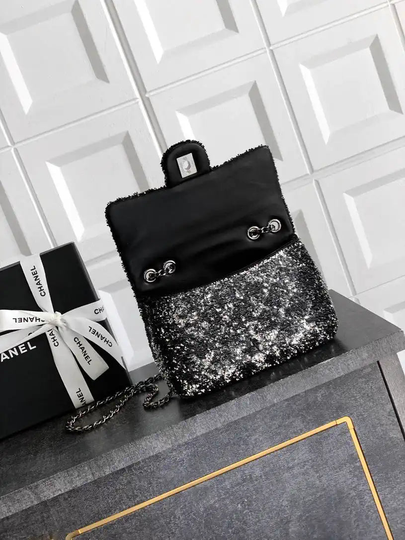 Chanel A69900 25B Mini Flap bag AS1116 Dense sequins with silver luster