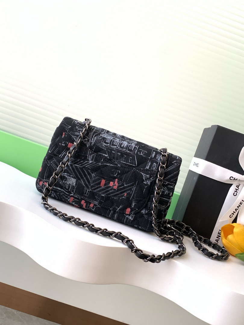 Chanel A69900 25c Mini Flap Black Fabric Printed  AS1116 Black