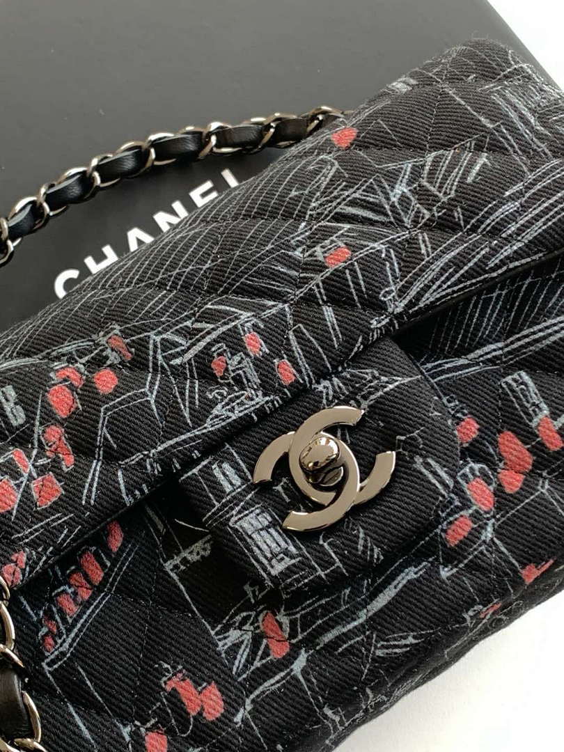 Chanel A69900 25c Mini Flap Black Fabric Printed  AS1116 Black