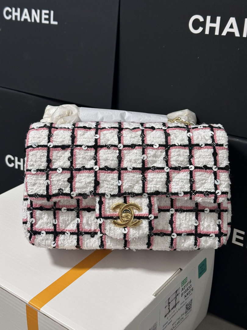 Chanel A69900 25C Mini Flap Fabric Printed  AS1116 Pink and white
