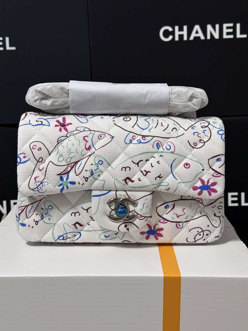 Chanel A69900 25C Mini Flap Fabric Printed  AS1116 White