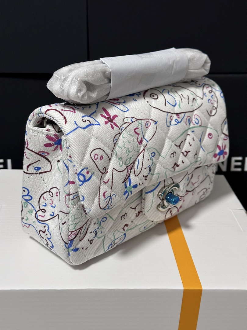 Chanel A69900 25C Mini Flap Fabric Printed  AS1116 White