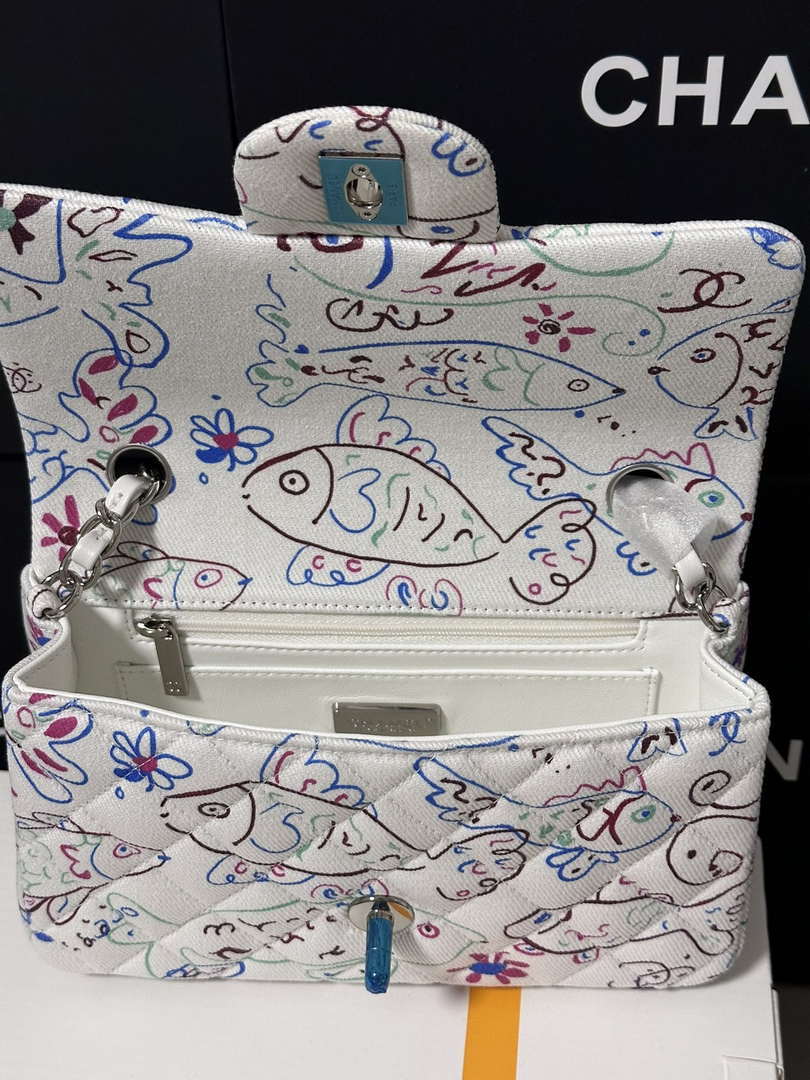 Chanel A69900 25C Mini Flap Fabric Printed  AS1116 White