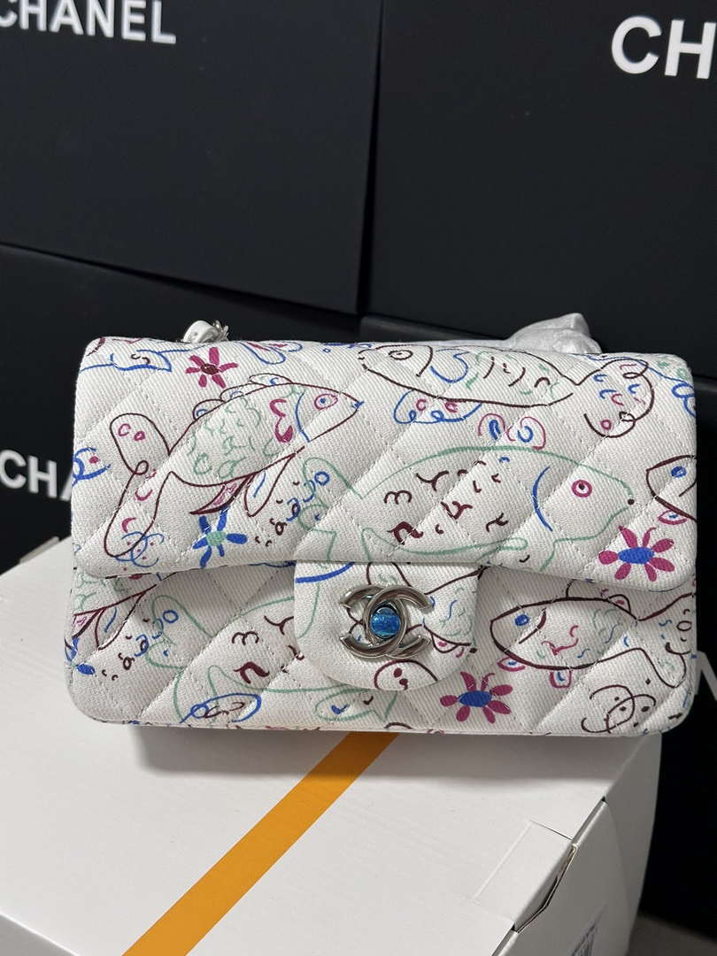 Chanel A69900 25C Mini Flap Fabric Printed  AS1116 White - Default Title - View 7