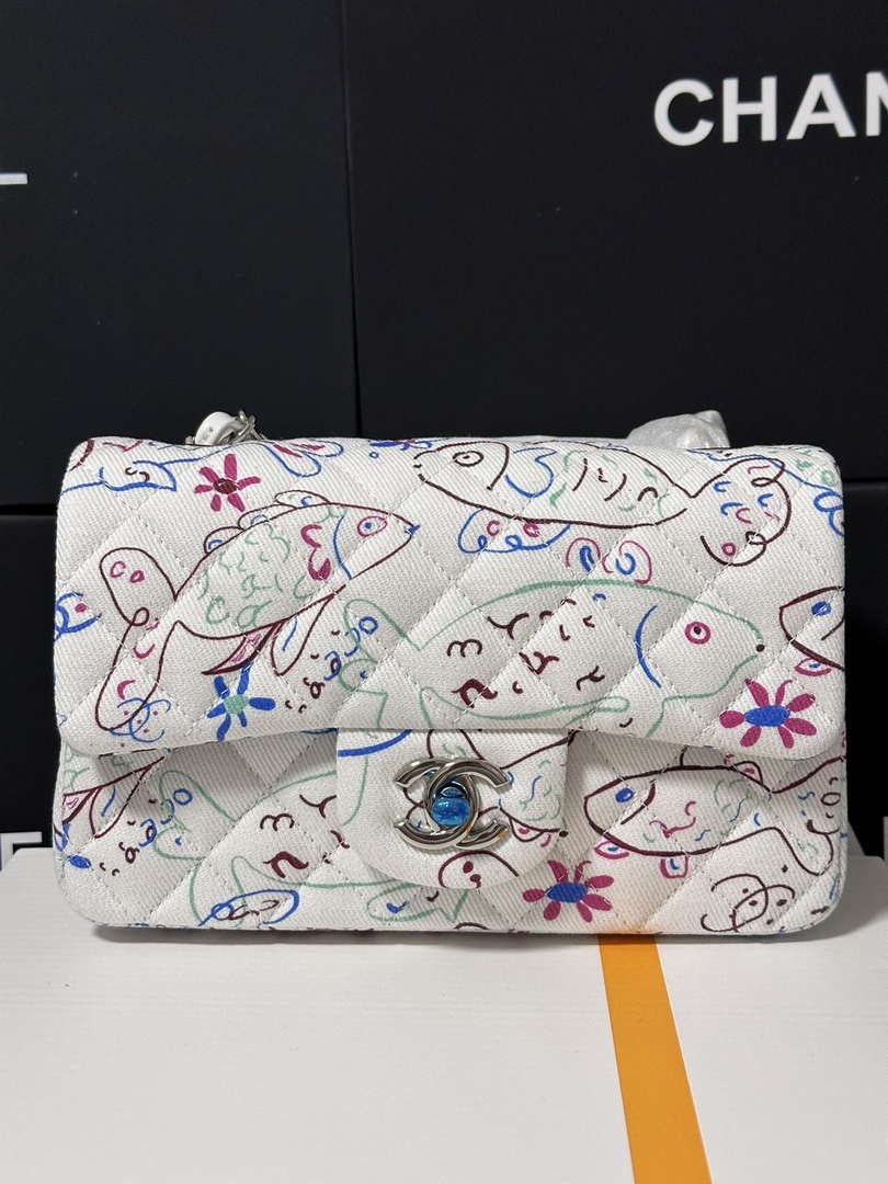 Chanel A69900 25C Mini Flap Fabric Printed  AS1116 White