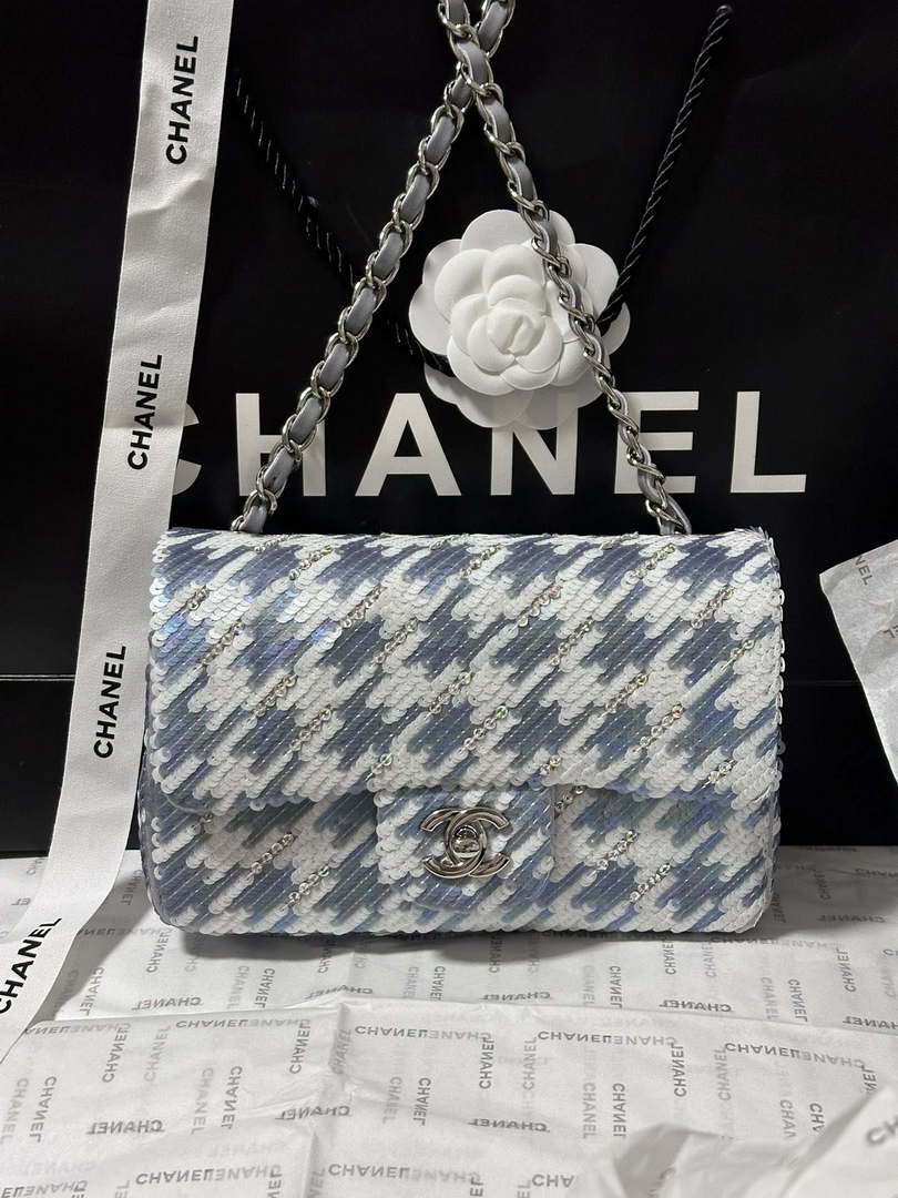 Chanel A69900 Mini Classic Handbag Embroidered Satin Sequins & Silver-Tone Metal