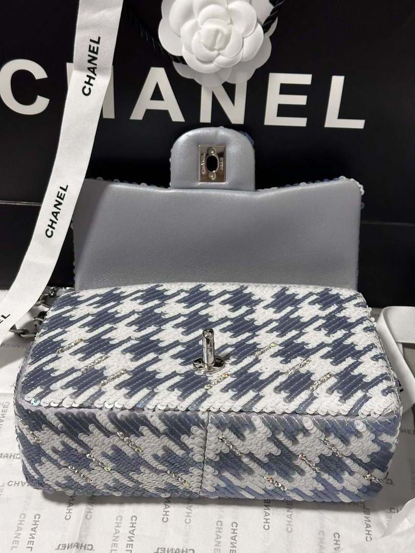Chanel A69900 Mini Classic Handbag Embroidered Satin Sequins & Silver-Tone Metal