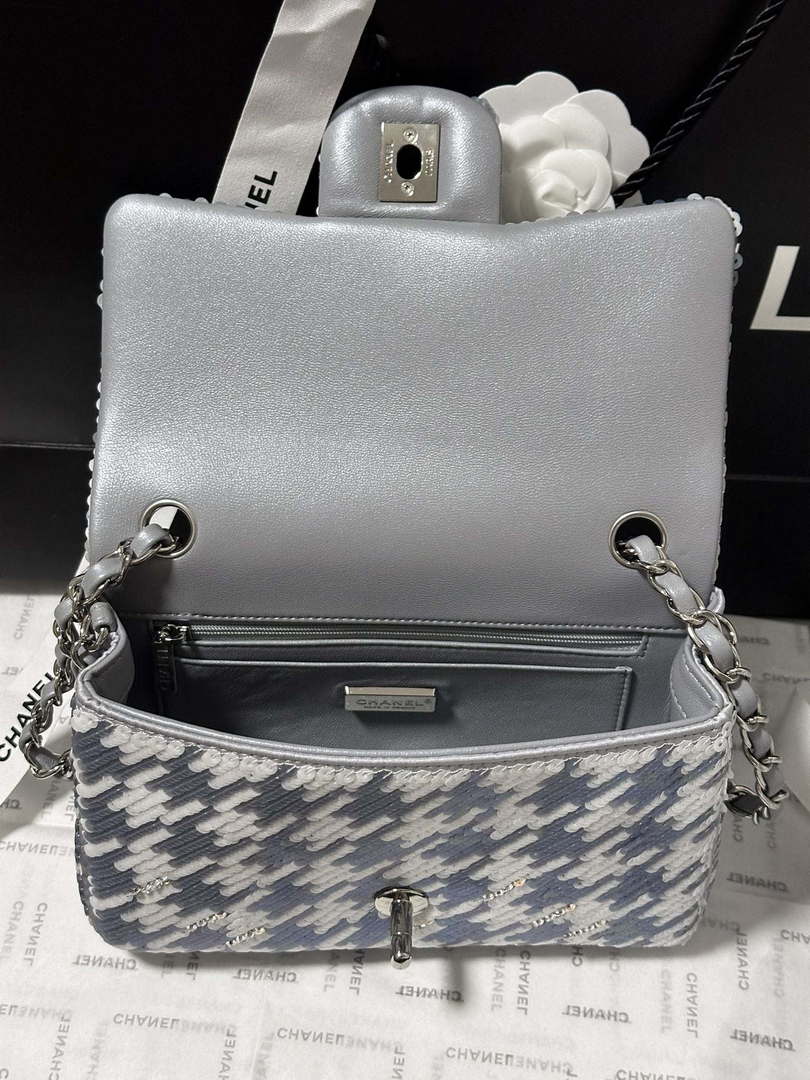 Chanel A69900 Mini Classic Handbag Embroidered Satin Sequins & Silver-Tone Metal