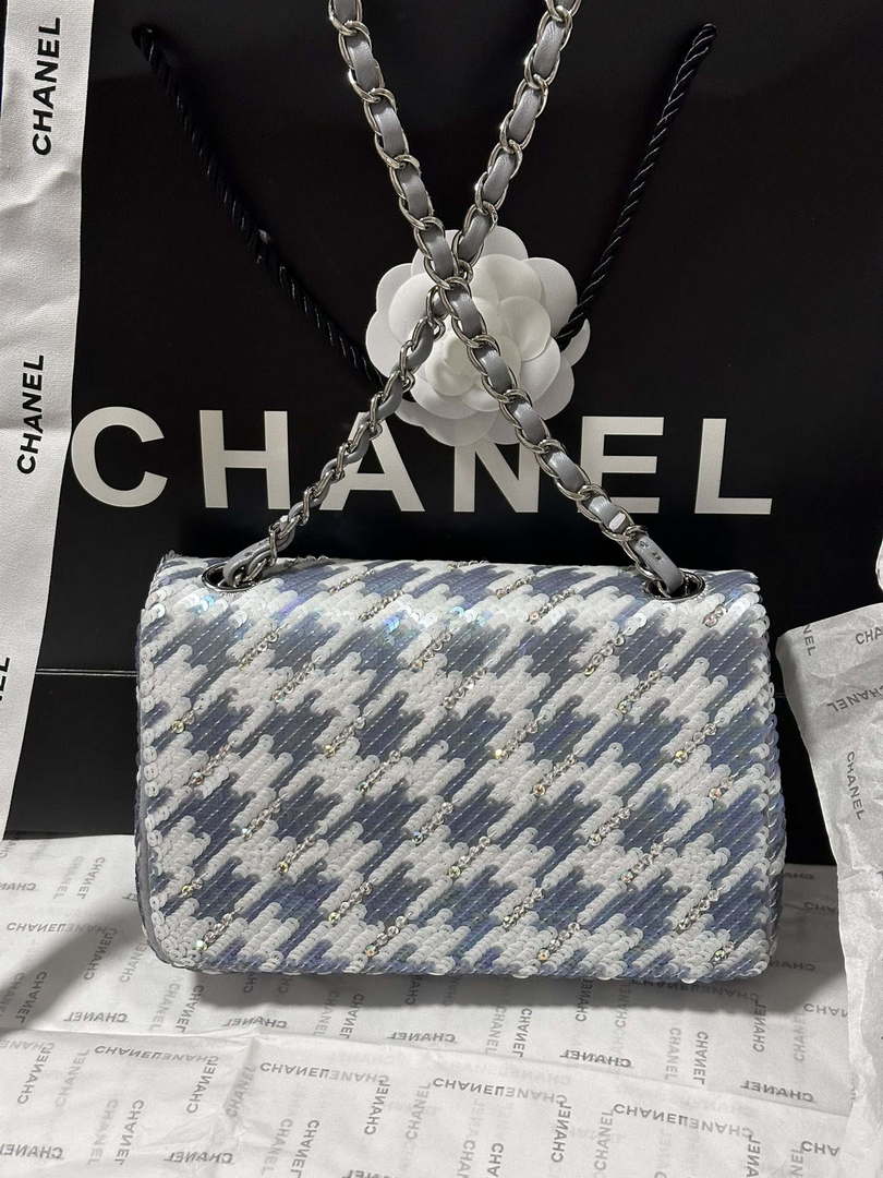 Chanel A69900 Mini Classic Handbag Embroidered Satin Sequins & Silver-Tone Metal
