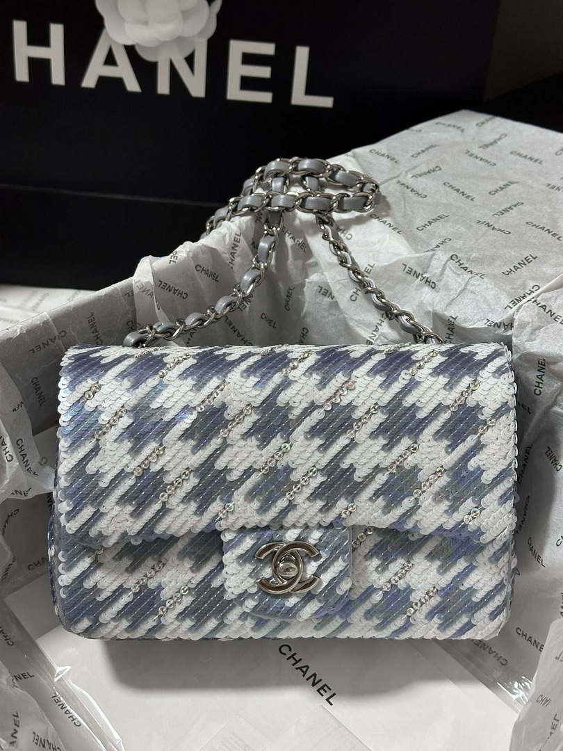 Chanel A69900 Mini Classic Handbag Embroidered Satin Sequins & Silver-Tone Metal