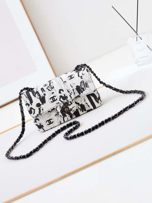 Chanel A69900 Mini Flap AS1116 White Fabric with Black Printed - Default Title - View 1