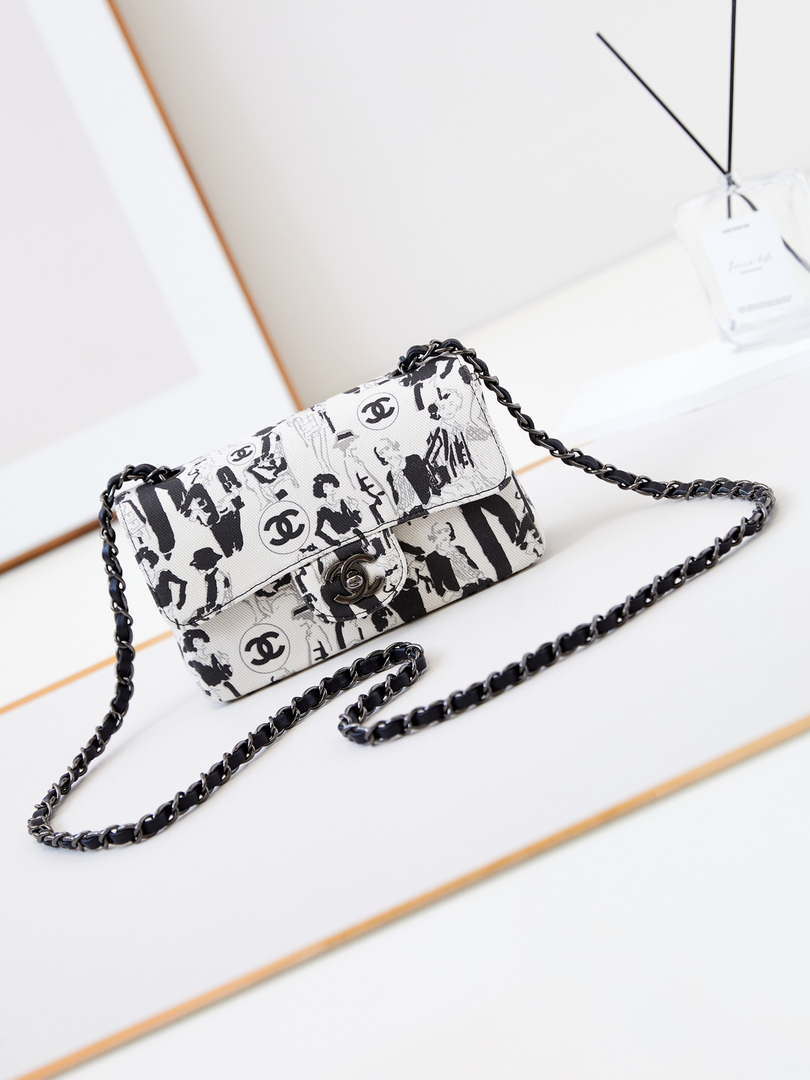 Chanel A69900 Mini Flap AS1116 White Fabric with Black Printed - Default Title - View 1
