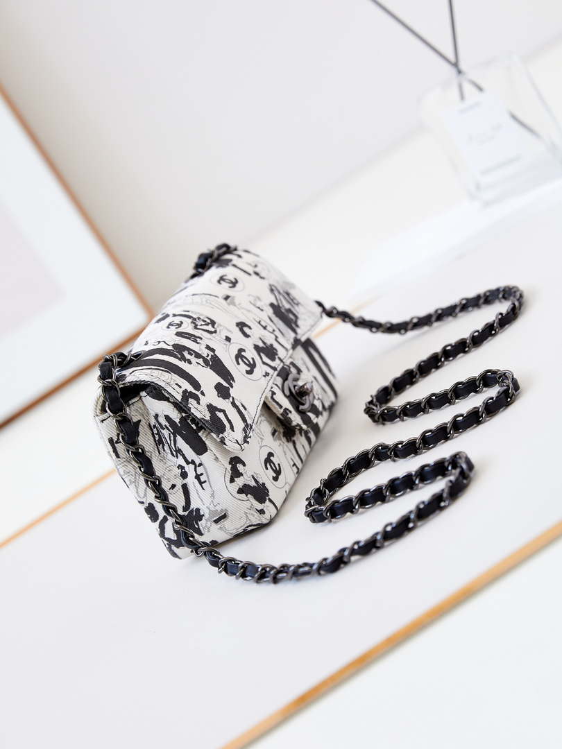 Chanel A69900 Mini Flap AS1116 White Fabric with Black Printed