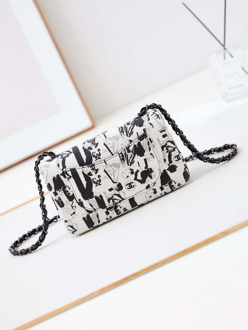 Chanel A69900 Mini Flap AS1116 White Fabric with Black Printed - Default Title - View 5