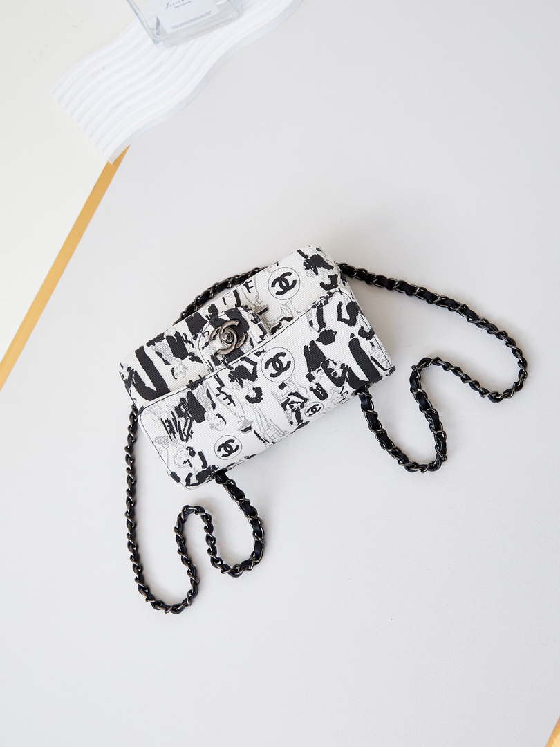 Chanel A69900 Mini Flap AS1116 White Fabric with Black Printed