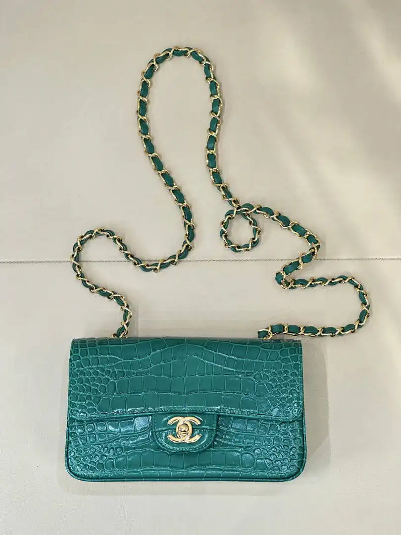 Chanel A69900 Mini Flap bag AS1116 20cm Crocodile Embossed Calfskin Green