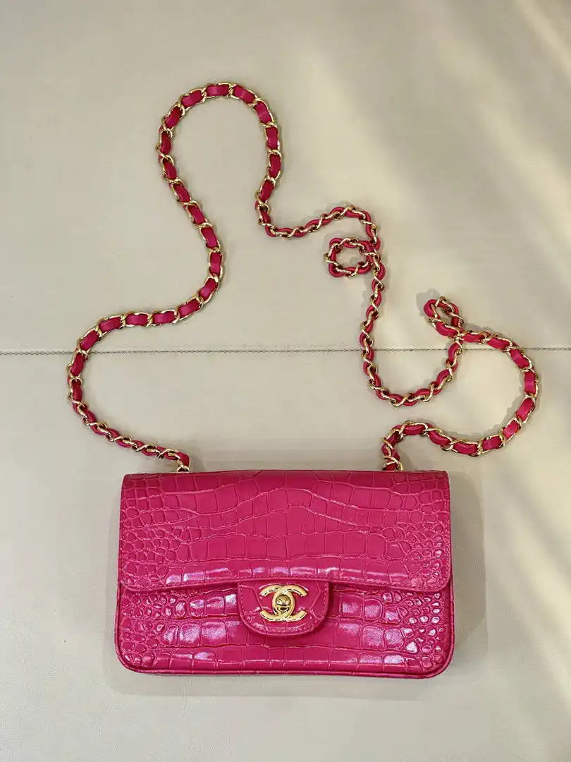 Chanel A69900 Mini Flap bag AS1116 20cm Crocodile Embossed Calfskin Pink