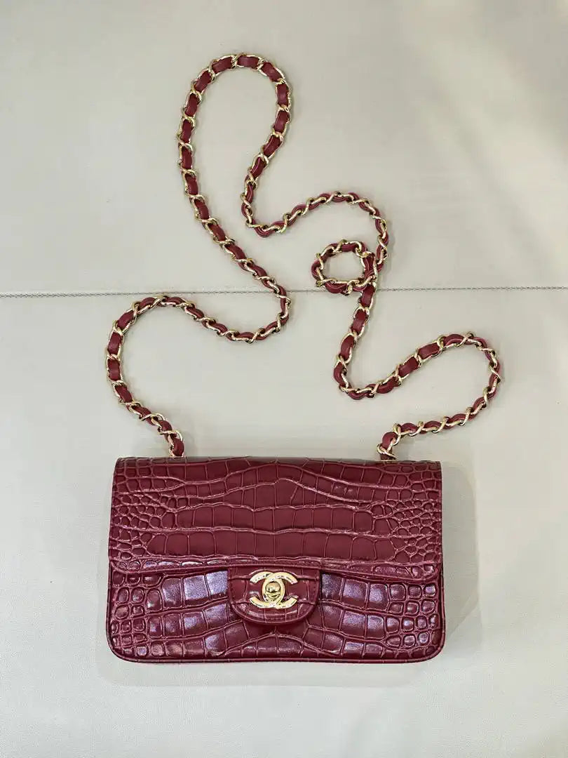 Chanel A69900 Mini Flap bag AS1116 20cm Crocodile Embossed Calfskin Wine Red