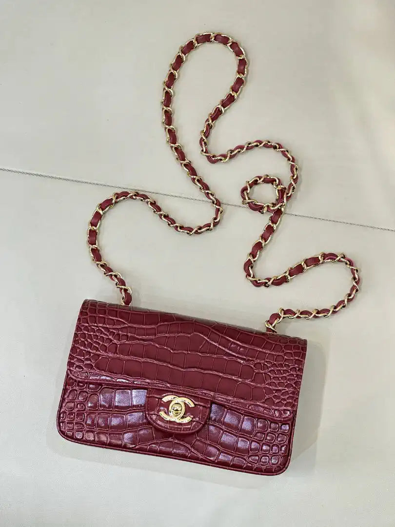Chanel A69900 Mini Flap bag AS1116 20cm Crocodile Embossed Calfskin Wine Red