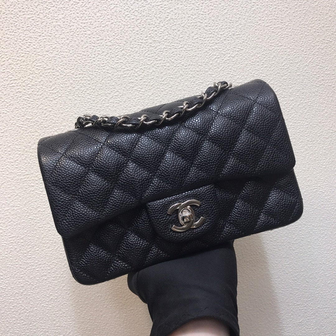 Chanel A69900 Mini Flap Bag Grained Calfskin Black Silver - Default Title - View 1