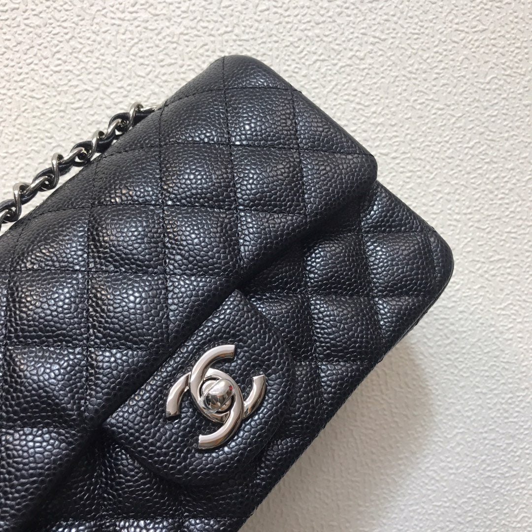 Chanel A69900 Mini Flap Bag Grained Calfskin Black Silver