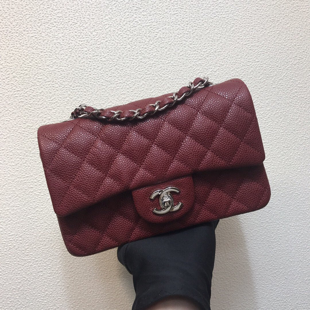 Chanel A69900 Mini Flap Bag Grained Calfskin Wine Red Silver - Default Title - View 1