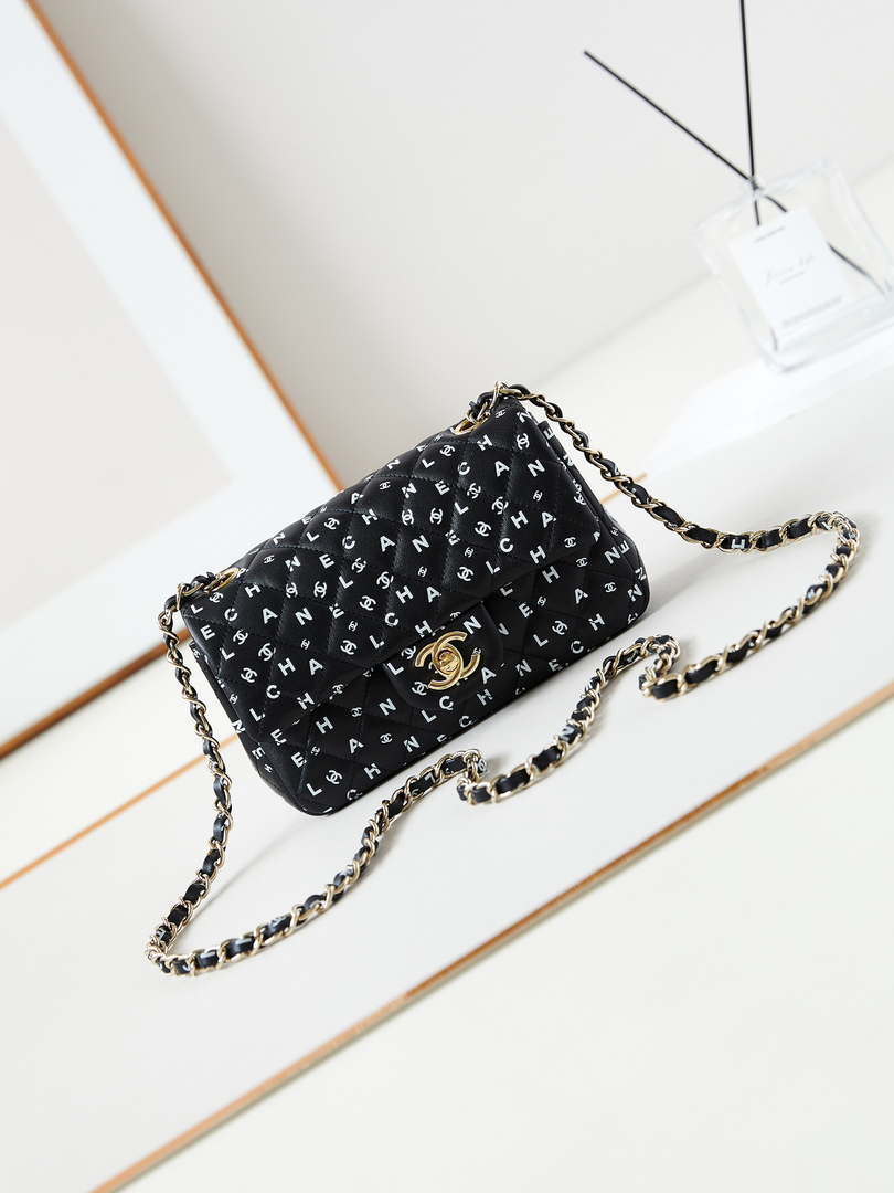 Chanel A69900 Mini Flap Black Lambskin Printed AS1116 with White CC logo - Default Title - View 1