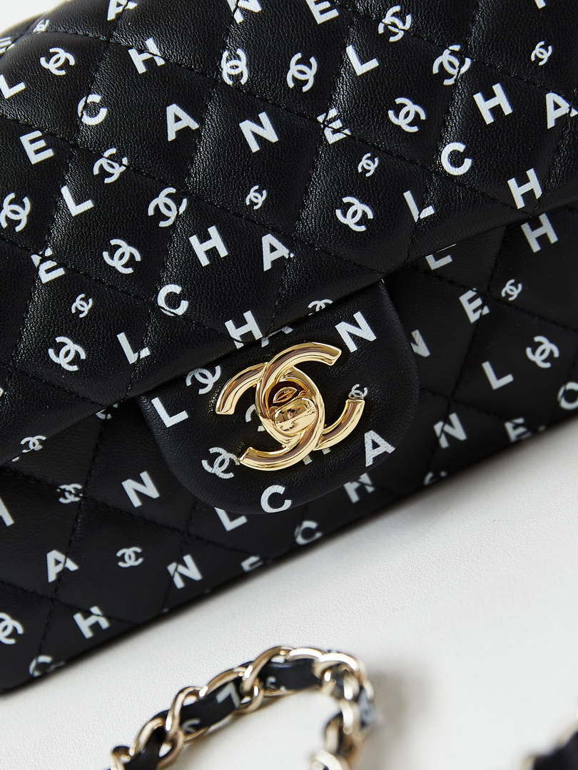 Chanel A69900 Mini Flap Black Lambskin Printed AS1116 with White CC logo
