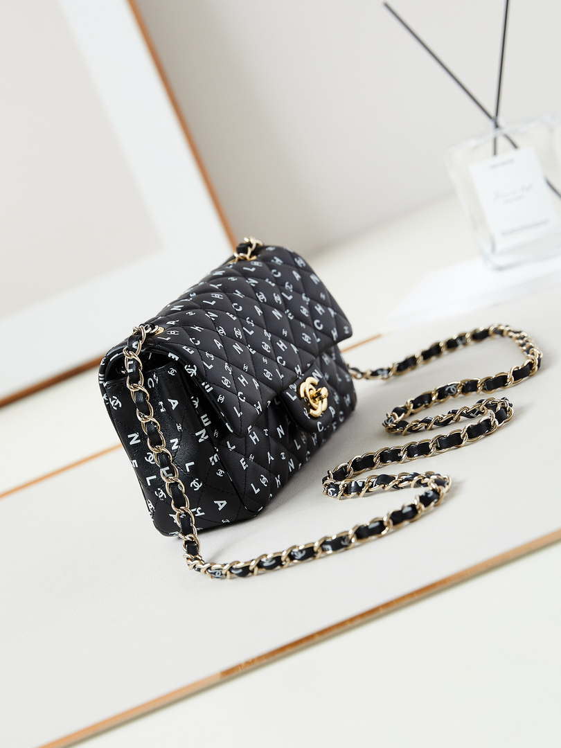 Chanel A69900 Mini Flap Black Lambskin Printed AS1116 with White CC logo - Default Title - View 3