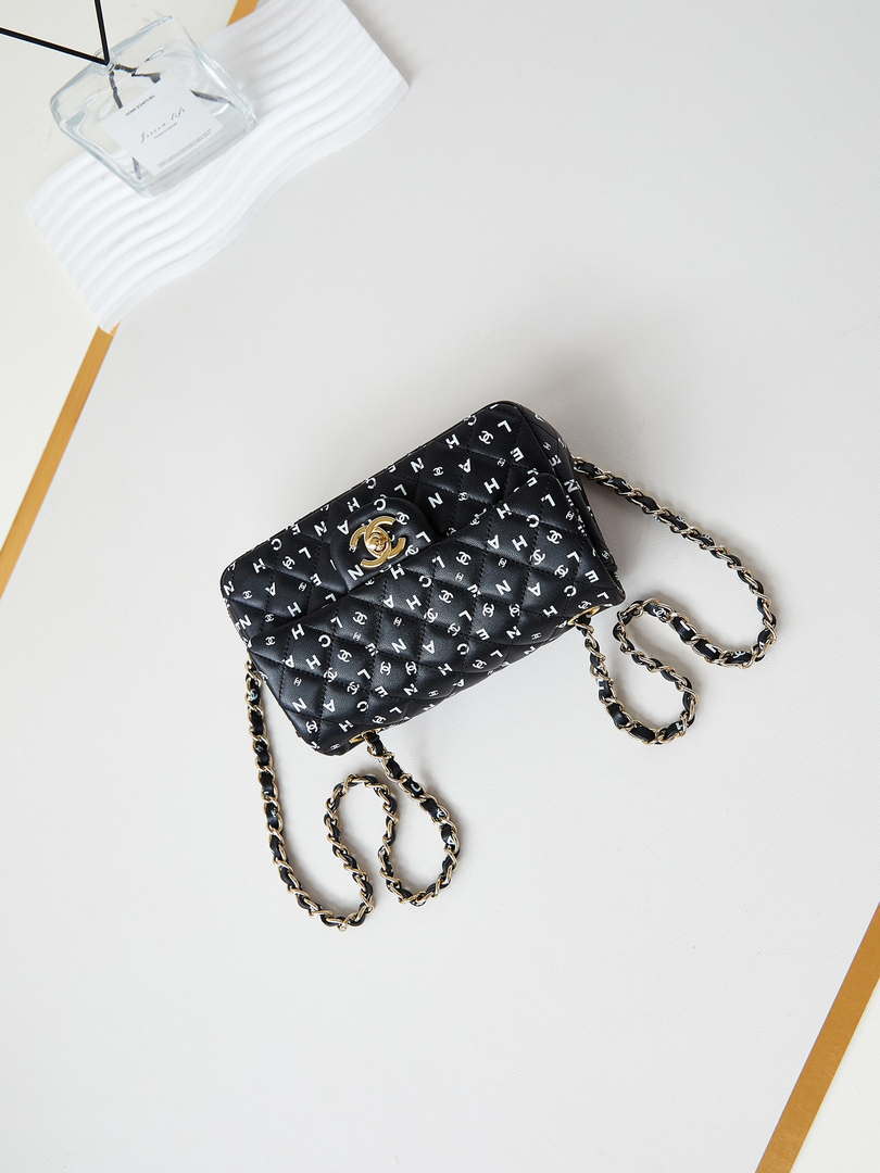 Chanel A69900 Mini Flap Black Lambskin Printed AS1116 with White CC logo - Default Title - View 7