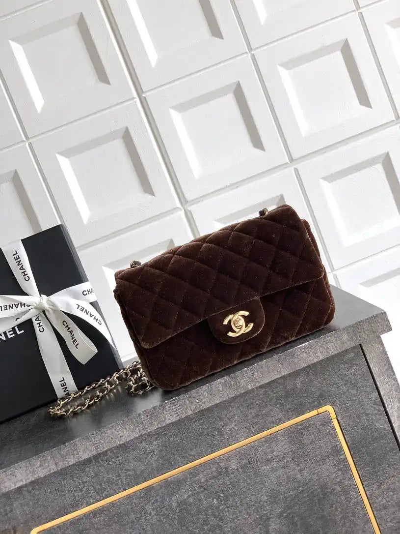 Chanel A69900 Mini Flap Dark Brown Velvet CF AS1116