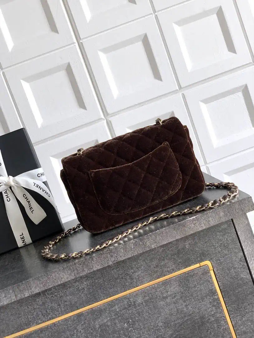 Chanel A69900 Mini Flap Dark Brown Velvet CF AS1116