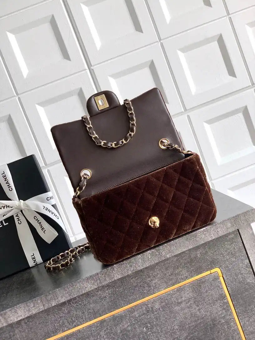 Chanel A69900 Mini Flap Dark Brown Velvet CF AS1116