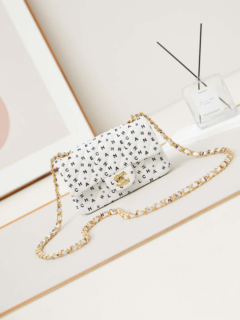 Chanel A69900 Mini Flap White Lambskin Printed AS1116 with Black CC logo