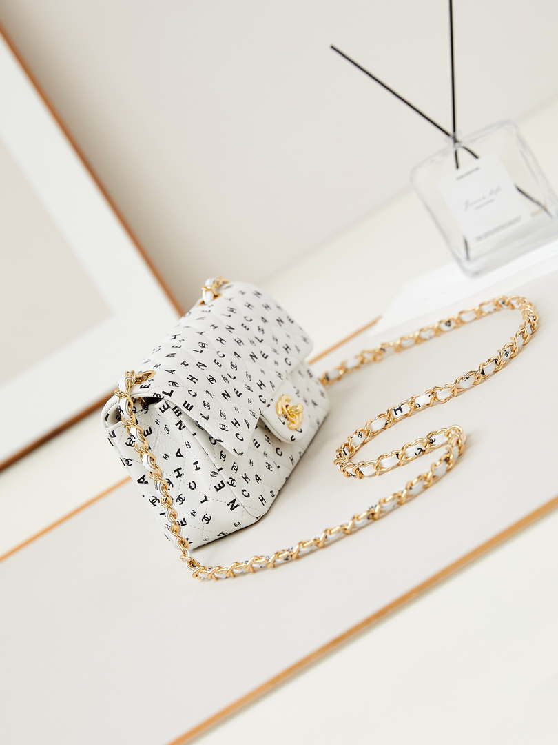 Chanel A69900 Mini Flap White Lambskin Printed AS1116 with Black CC logo