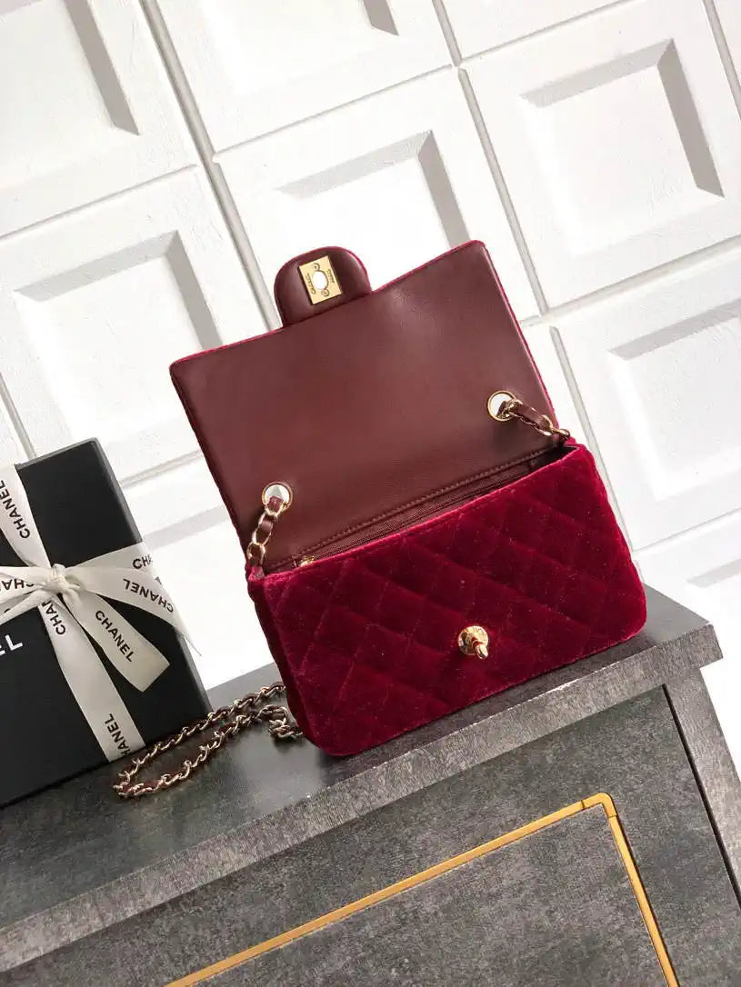 Chanel A69900 Mini Flap Wine Red Velvet CF AS1116