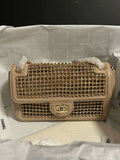Chanel A8003 25p Evening Bag Lambskin Rhinestones Pearls A01112 Apricot Gold