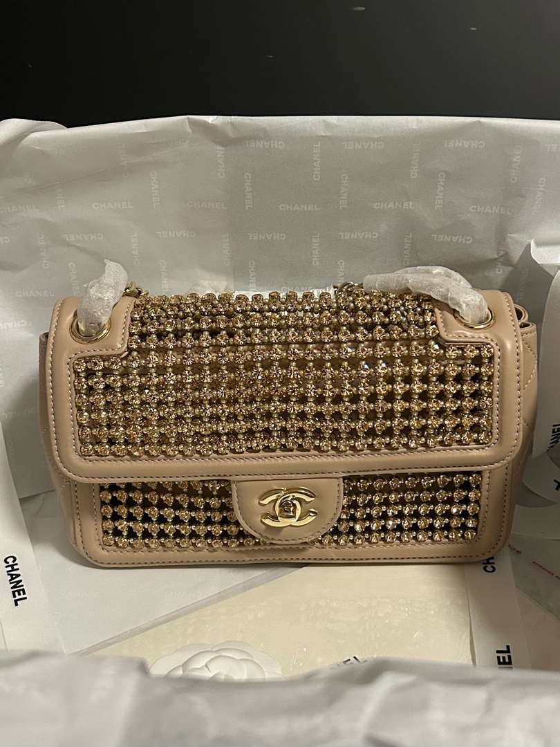 Chanel A8003 25p Evening Bag Lambskin Rhinestones Pearls A01112 Apricot Gold