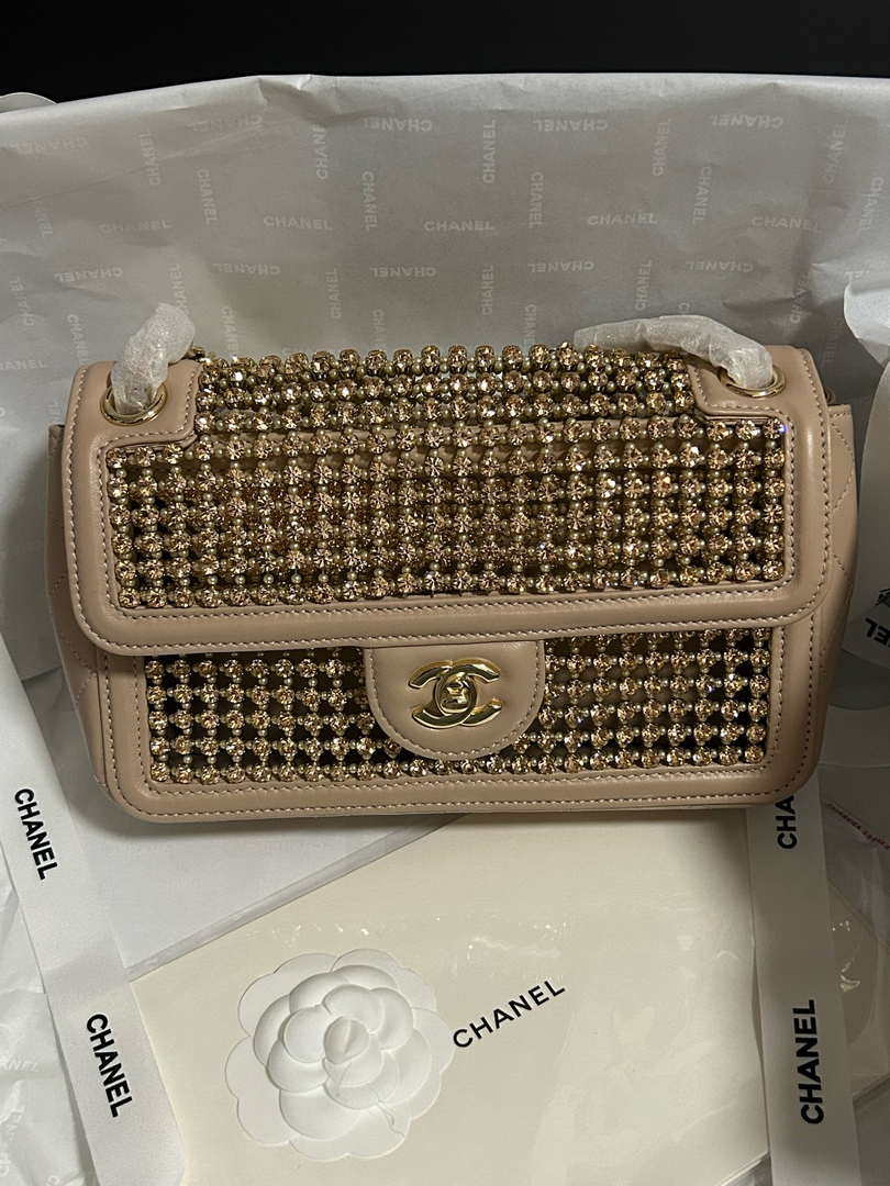 Chanel A8003 25p Evening Bag Lambskin Rhinestones Pearls A01112 Apricot Gold
