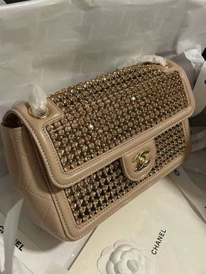 Chanel A8003 25p Evening Bag Lambskin Rhinestones Pearls A01112 Apricot Gold - Default Title - View 3