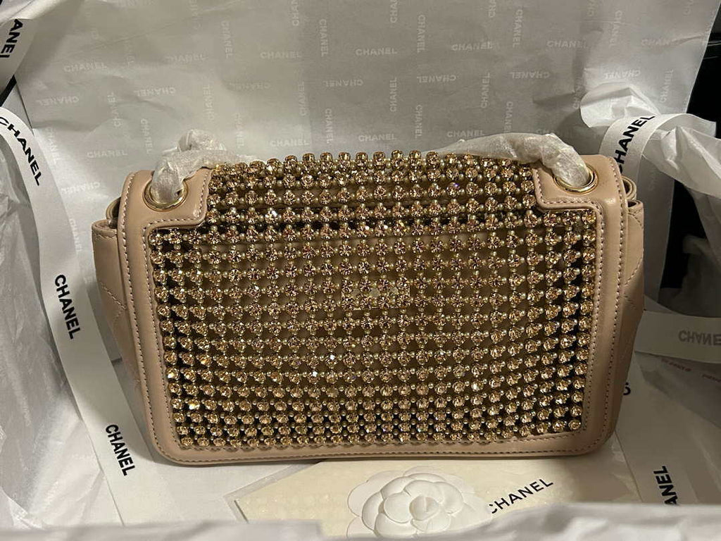 Chanel A8003 25p Evening Bag Lambskin Rhinestones Pearls A01112 Apricot Gold
