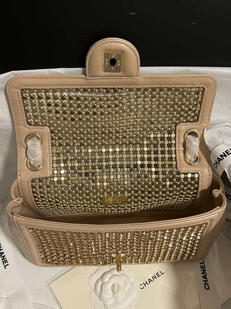 Chanel A8003 25p Evening Bag Lambskin Rhinestones Pearls A01112 Apricot Gold