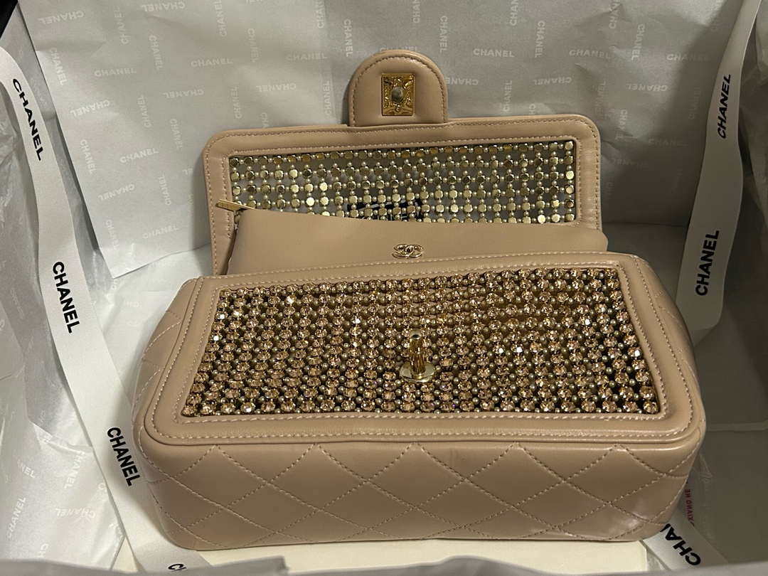 Chanel A8003 25p Evening Bag Lambskin Rhinestones Pearls A01112 Apricot Gold - Default Title - View 6