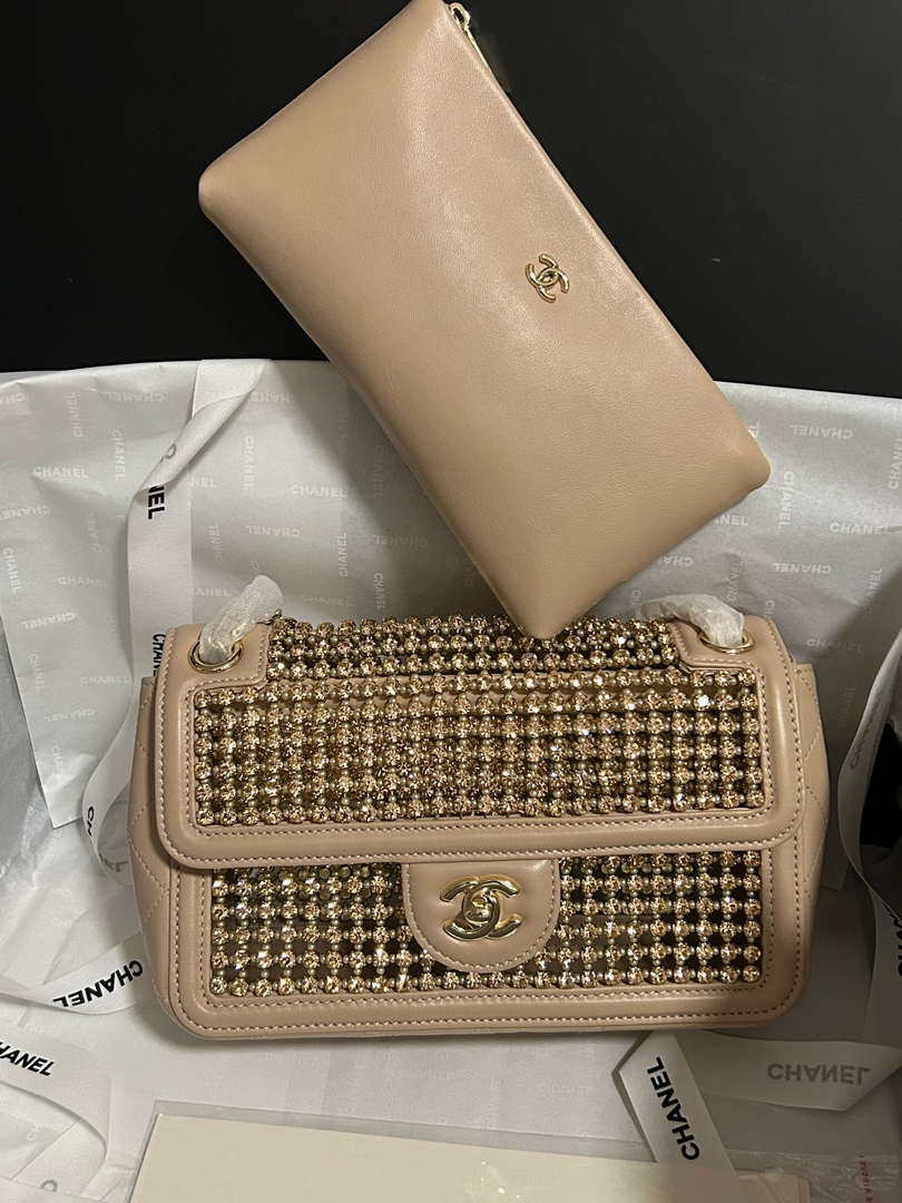 Chanel A8003 25p Evening Bag Lambskin Rhinestones Pearls A01112 Apricot Gold