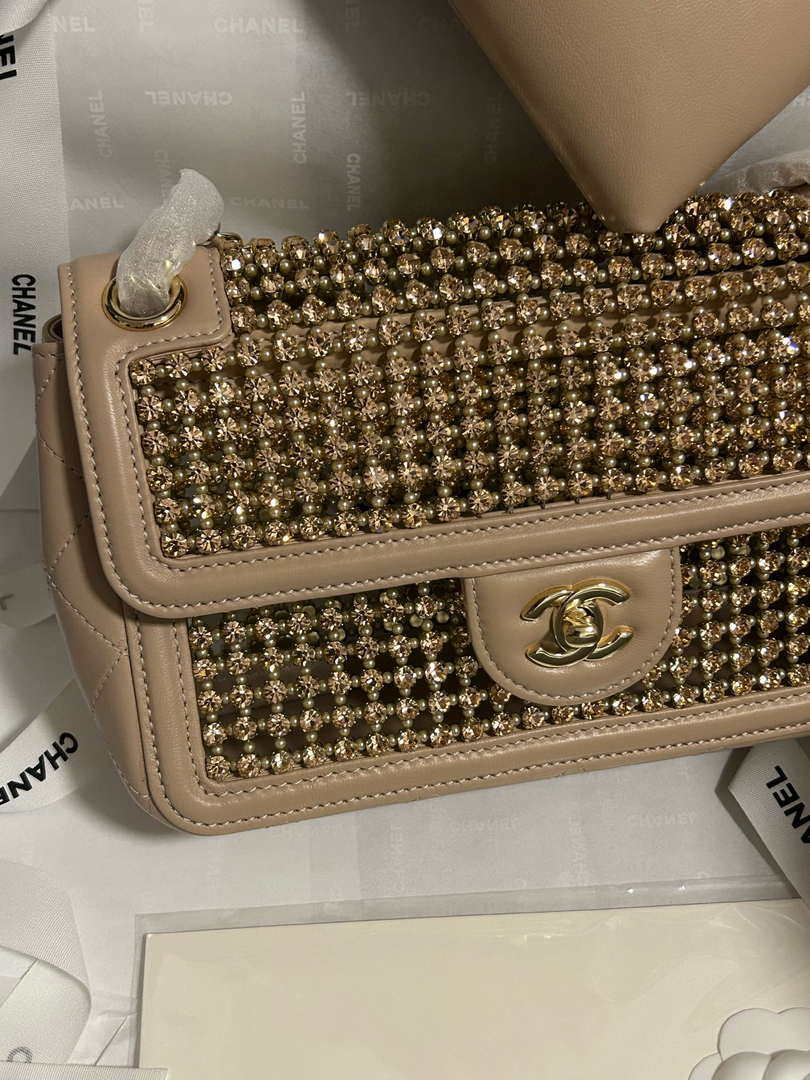 Chanel A8003 25p Evening Bag Lambskin Rhinestones Pearls A01112 Apricot Gold