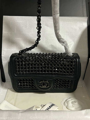 Chanel A8003 25p Evening Bag Lambskin Rhinestones Pearls A01112 Black - Default Title - View 3